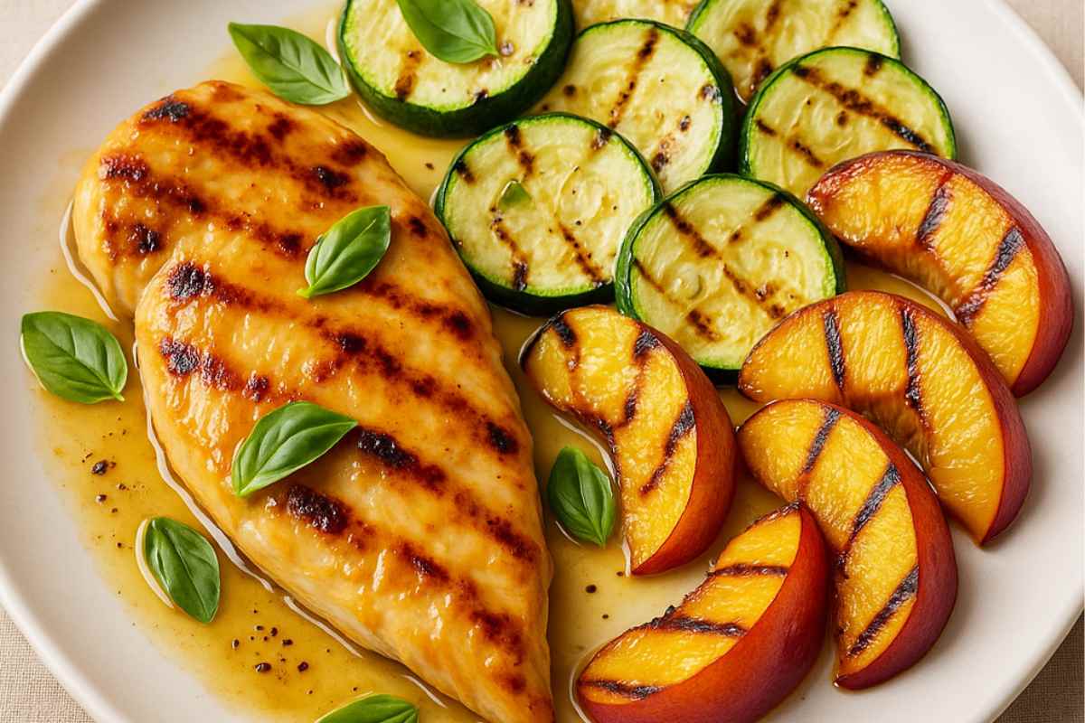 Pollo grigliato con zucchine e pesche: ricetta light estiva