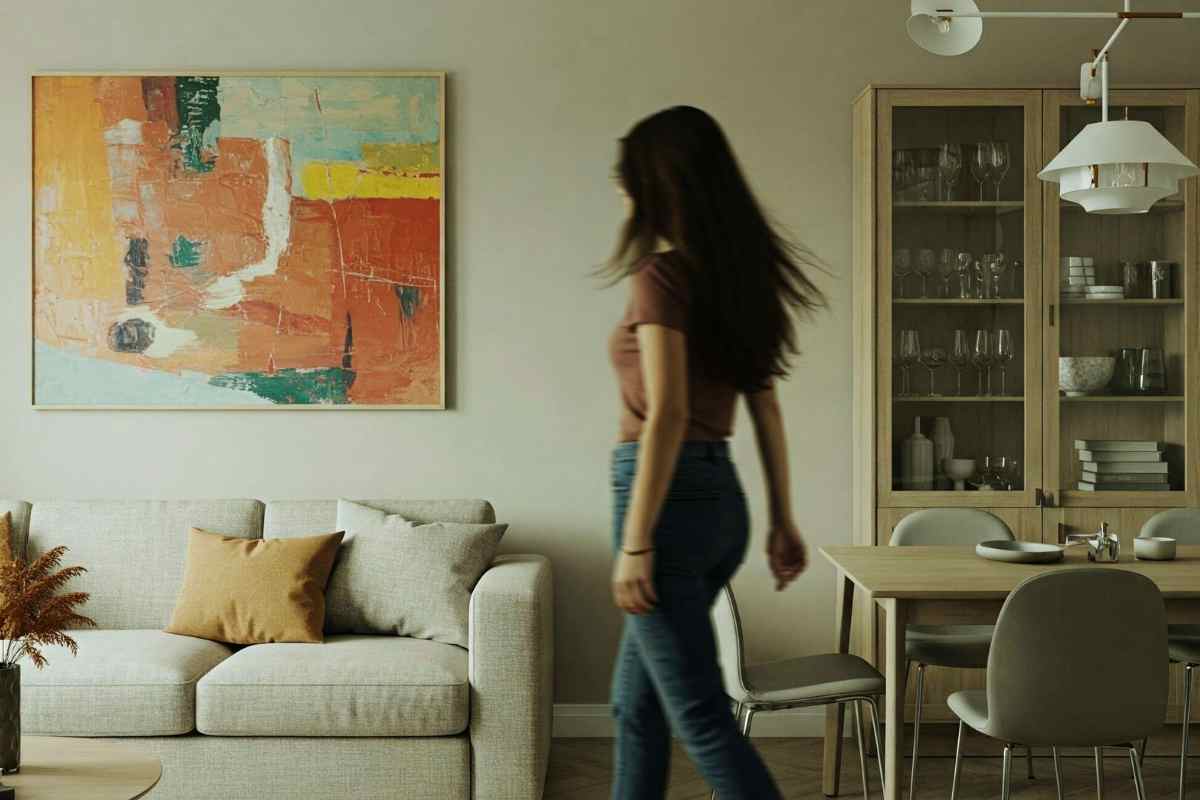Mujer caminando en casa para mantenerse activa y apoyar su dieta