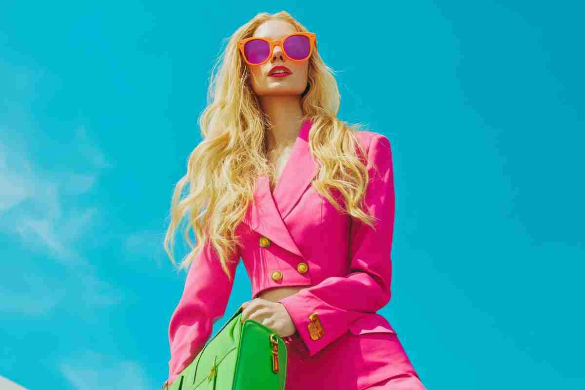 chica rubia con vestido rosa