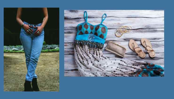 donna con jean e outfit con abito, pochette e ciabattine