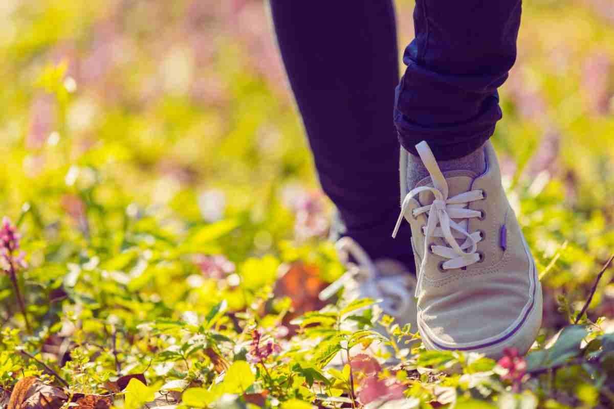 piedi che camminano su un prato