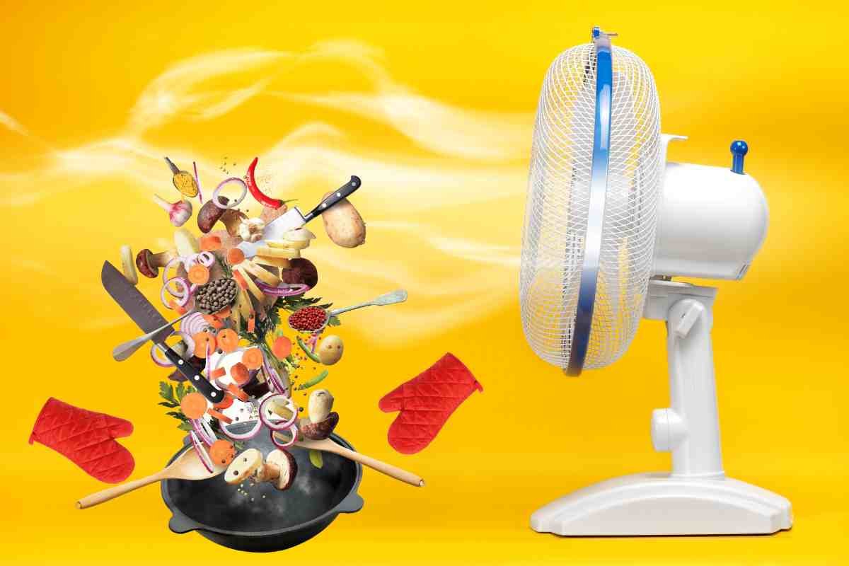 ventilatore e pentole con alimenti
