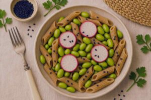 pasta integrale edamame ravanelli e sesamo nero