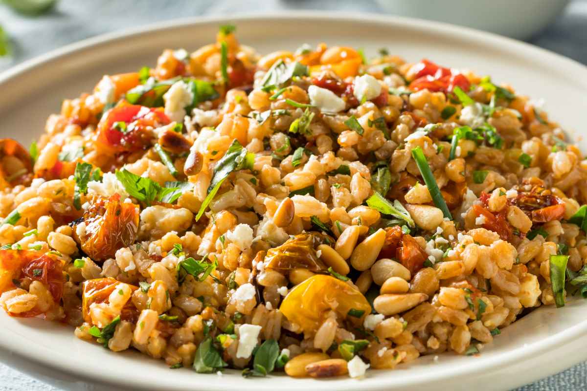 Piatto di insalata di farro greca con feta