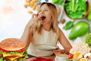 donna sui 40 anni mangia cibo