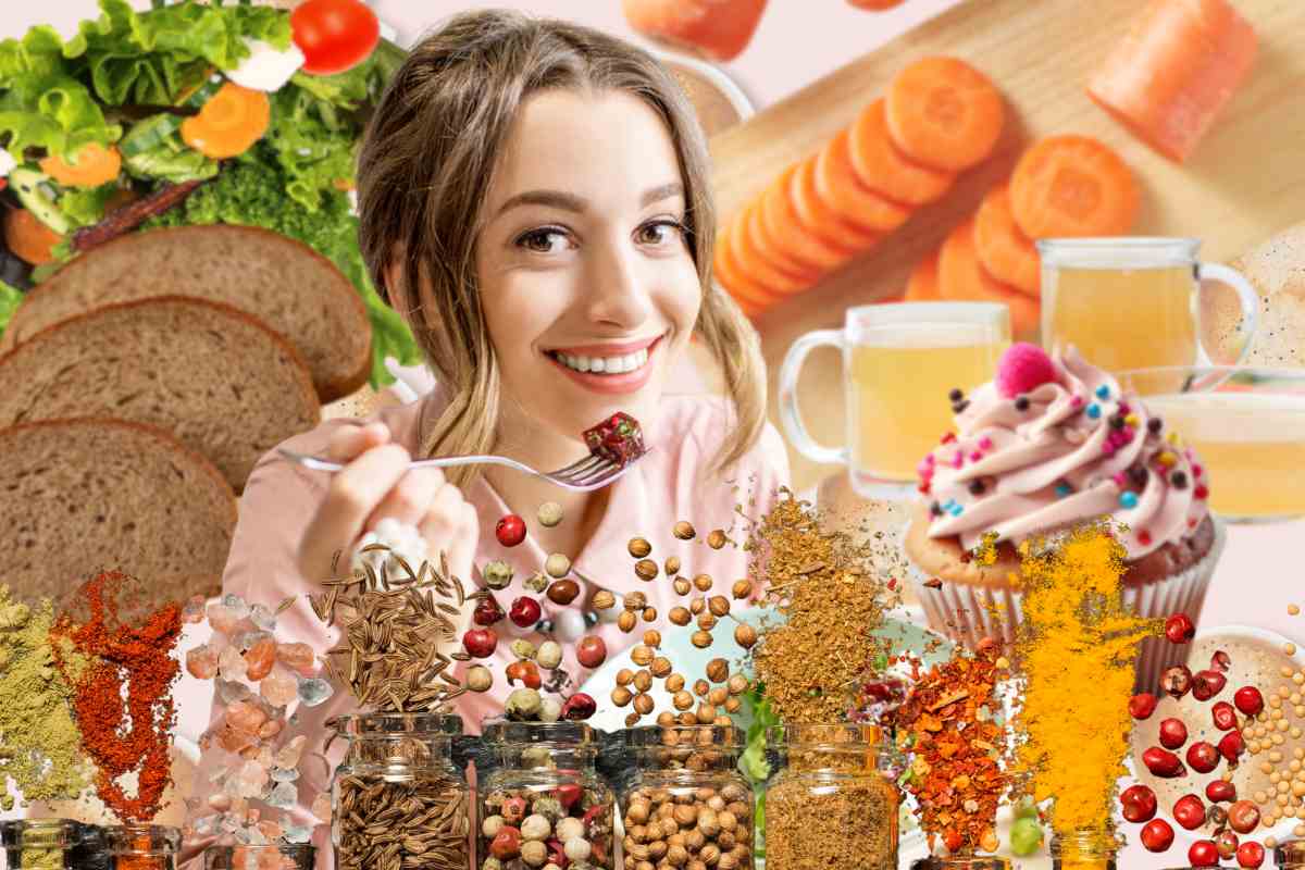 cibi vari intorno ad una ragazza che mangia