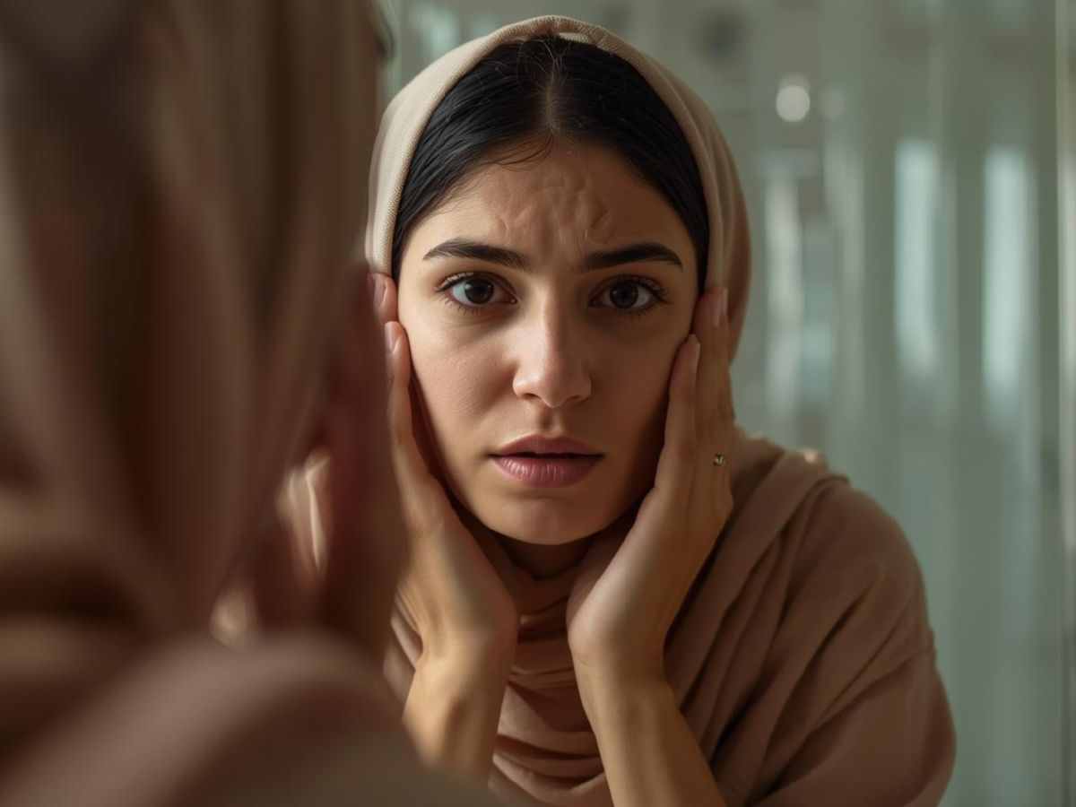 Mujer mira su piel al espejo