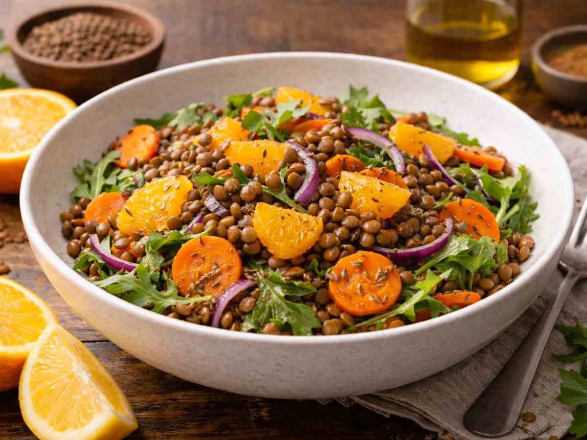Ensalada tibia detox de lentejas, cítricos y comino